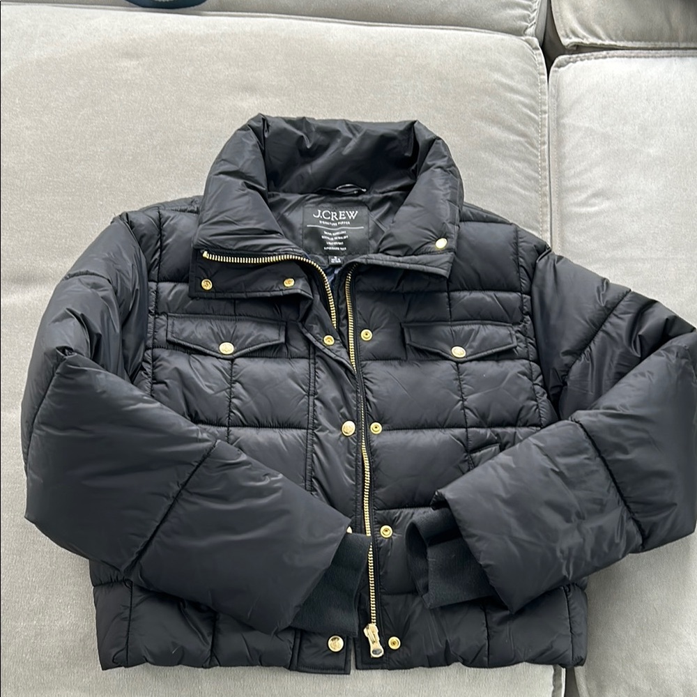 J.Crew Black Puffer Jacket with Gold Accents